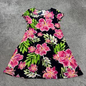 Ivy Road Floral Midi Shift Dress Womens Medium Navy Pink Short Sleeve Tropical